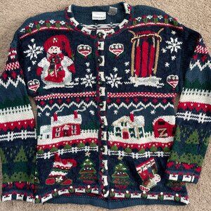 Vintage Winter Sweater Womens Small Snowman Cardigan Cabin Trees Snow Oversized